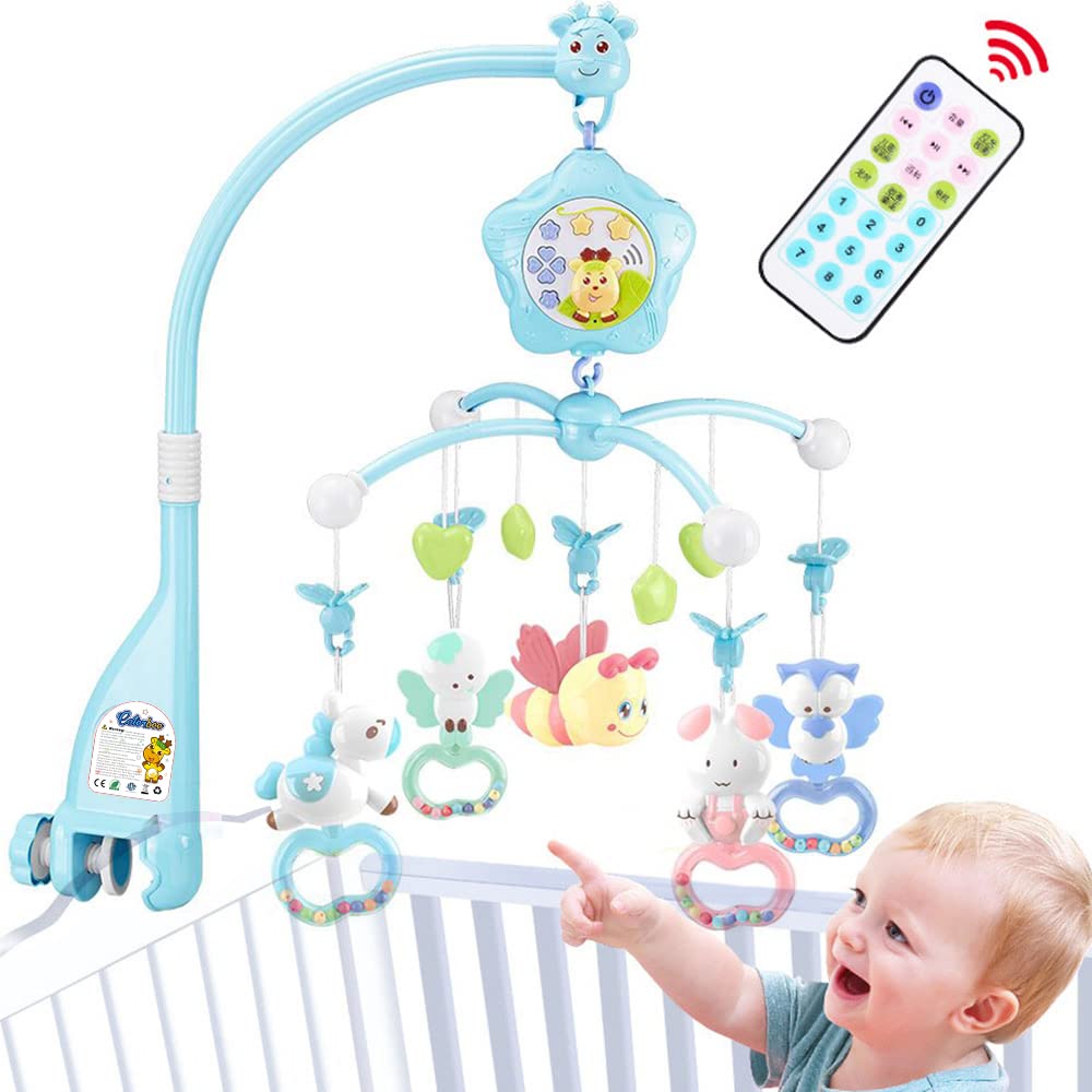 Baby Crib Mobile with Lights and Music,Remote,Projector, Newborn Gift for Ages 0+ Months (Blue-Bee)