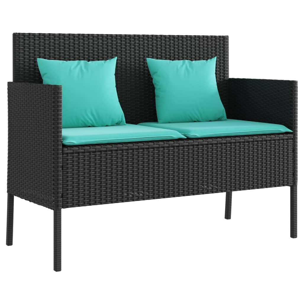 vidaXL Outdoor Loveseat Bench - Black PE Rattan, Padded Blue Cushions, Storage Under-Seat, Weather-Resistant, Garden/Patio Furniture, 44.5x24x34.3