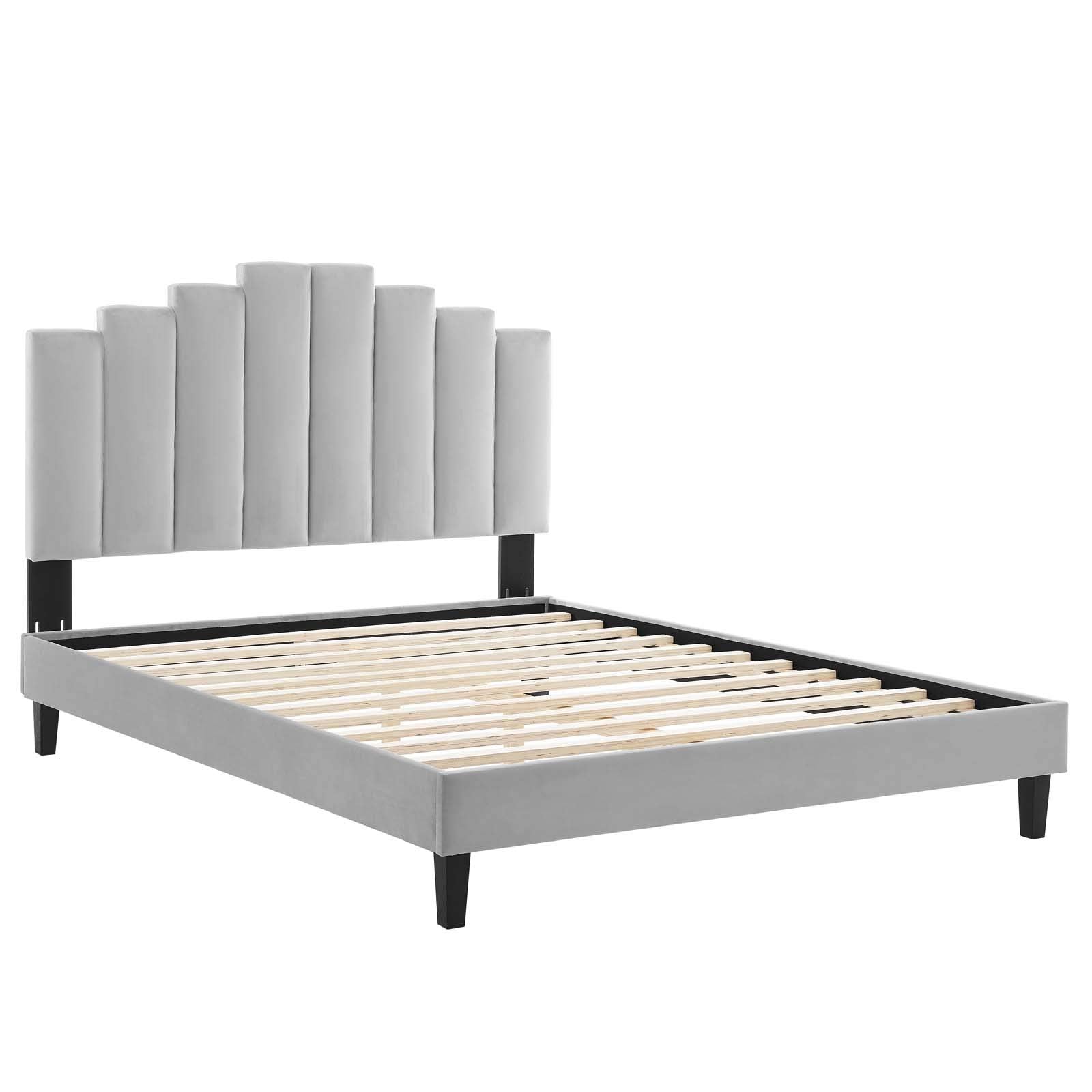 Modway Elise Channel Tufted Performance Velvet Full Platform Bed In White With Black Wood Legs, Light Gray