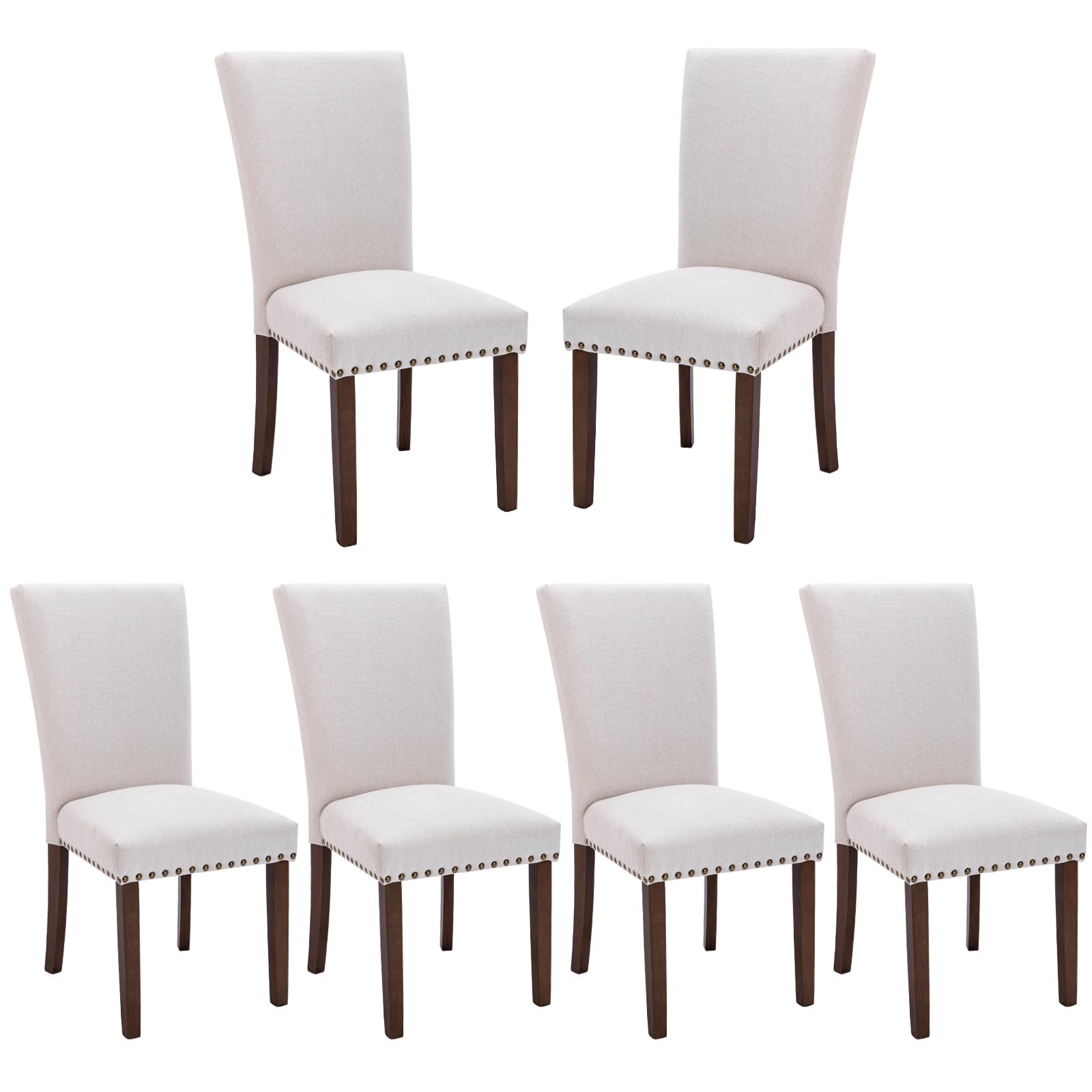 COLAMY Upholstered Dining Chairs Set of 6, Parsons Style Side Chairs with Nailhead Trim and Solid Wood Legs, Comfortable Linen F