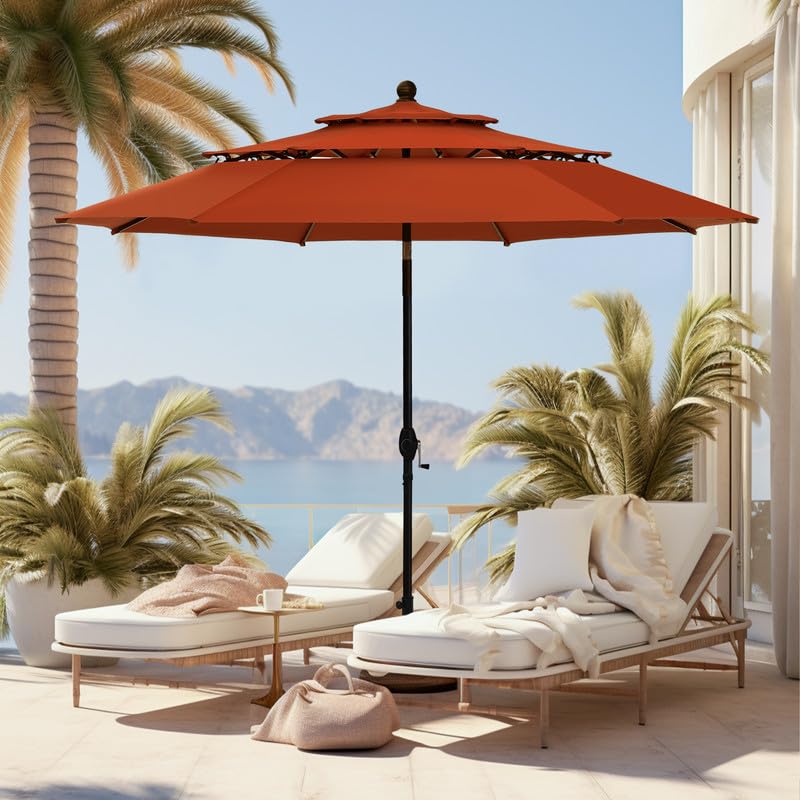 Green Party 10 Ft Outdoor Patio Umbrella, Auto-Tilt Market Table Umbrellas With Crank, 8 Sturdy Ribs & 1.5'' Pole Uv Protection