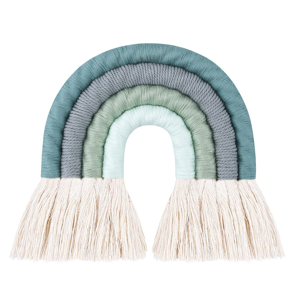 ZWA Rainbow Wall Hanging,Rainbow Wall Art,Handmade Macrame Rainbow Wall Decor for Nursery Kids Room Home Decor (Green+Grey Rainb
