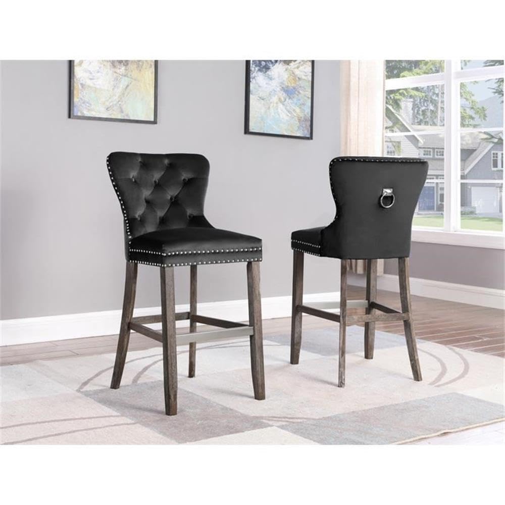Rustic Black Velvet Bar Stools with Chrome Handle and Footrest (Set of 2) - Thumbnail 2