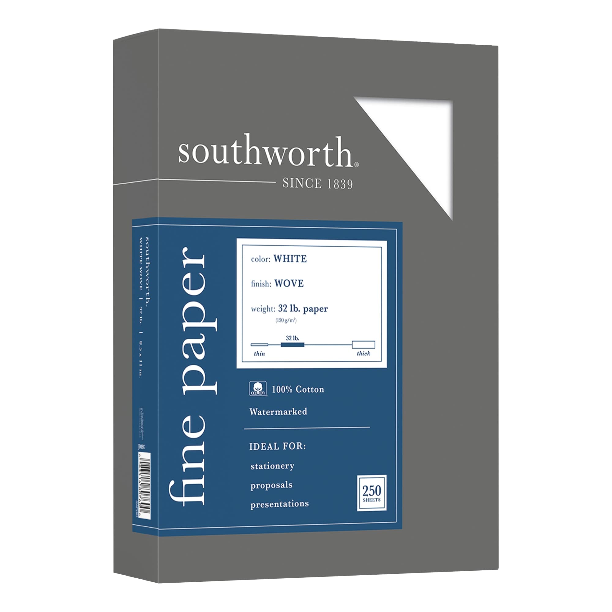 Southworth 100% Cotton Business Paper, 8 1/2' X 11', 32 Lb, White, Box Of 250