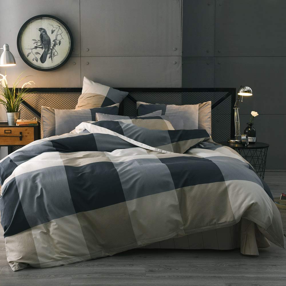 Cotton Grid Plaid Duvet Cover Set Queen Modern Reversible Checkered Bedding Set Full Hotel Quality 3 Piece Duvet Comforter Cover