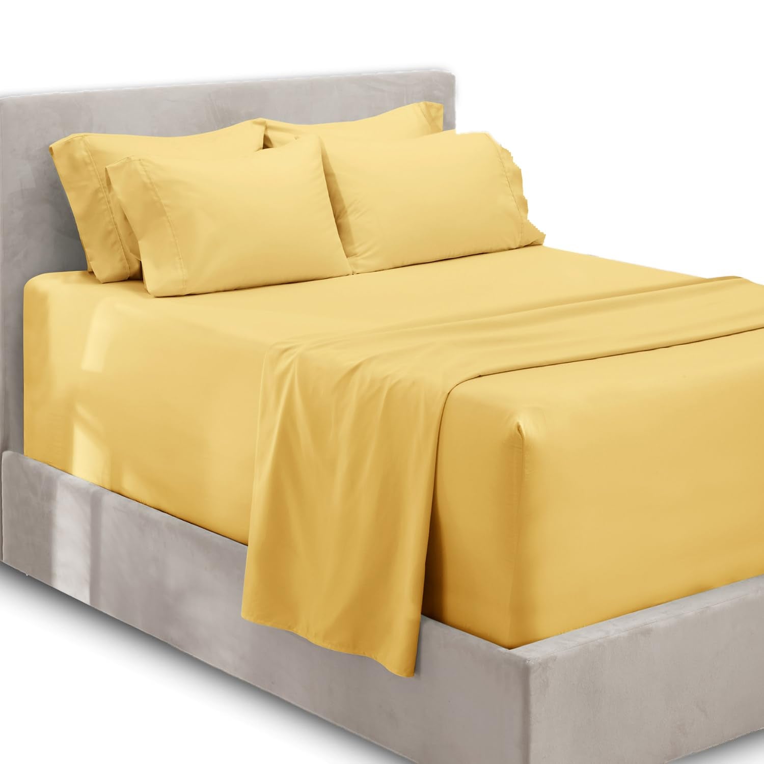 Hearth & Harbor 6 Piece Bed Sheet Set Extra Deep Pocket, Fits Mattress From 18-24 Inces Depth, Split King, Mellow Yellow