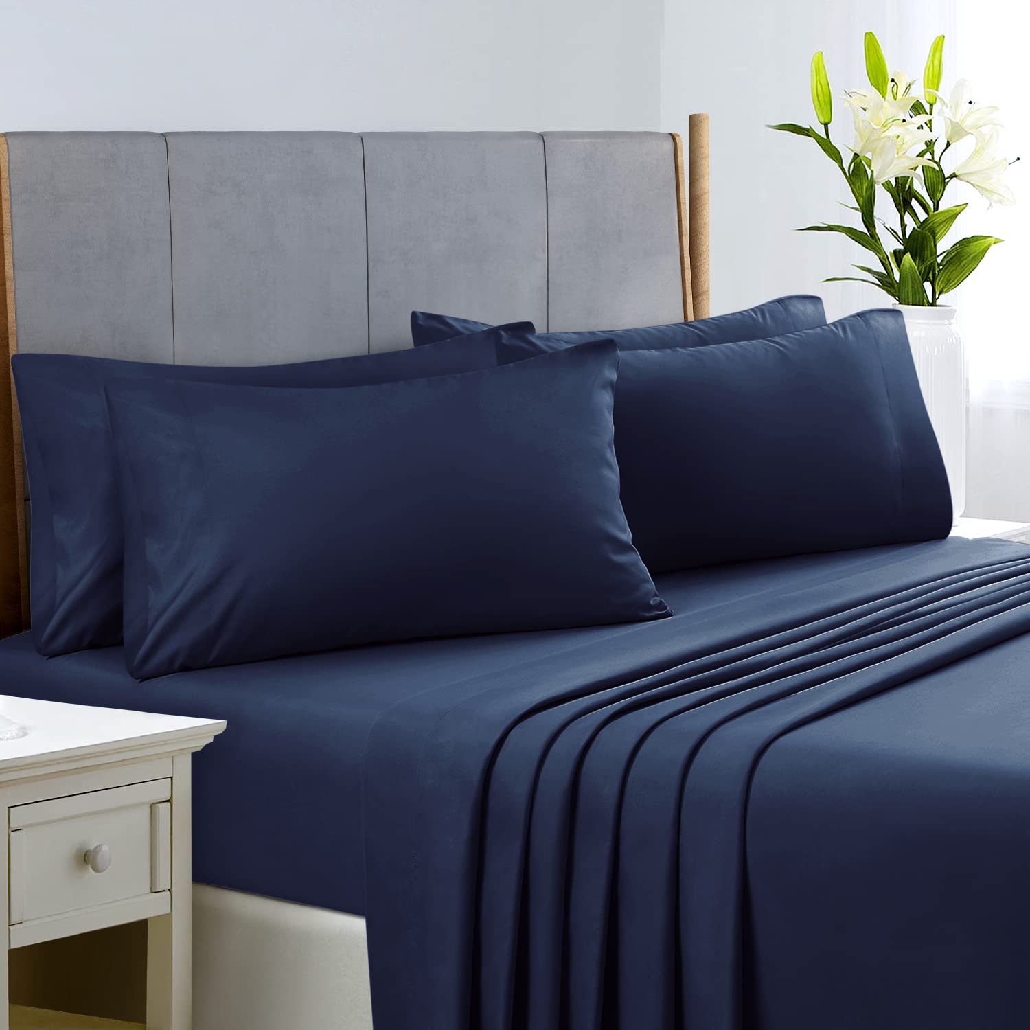 Homeideas Full Size Bed Sheets - 6 Piece Set (Navy) - Extra Soft Brushed Microfiber 1800 Bedding Sheets, Deep Pocket, Wrinkle & Fade Free