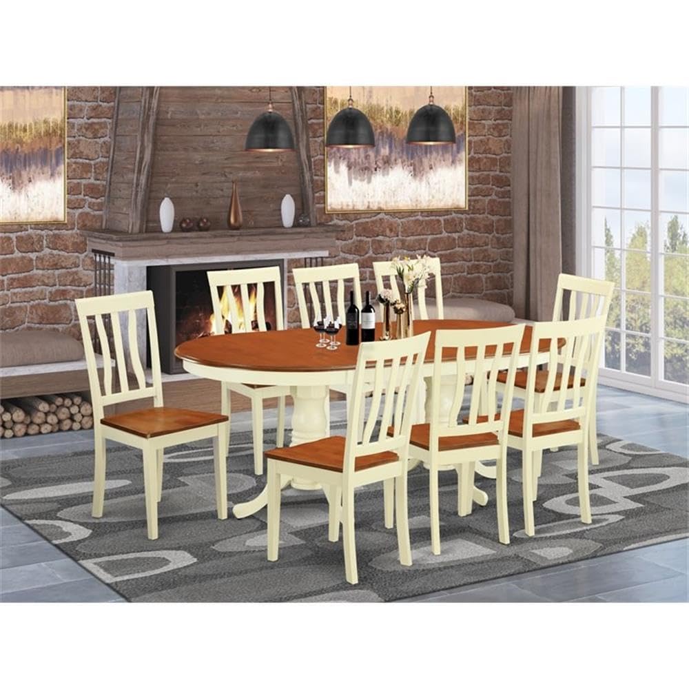 East West Furniture PLAN9-WHI-W 9 Piece Dining Set Includes an Oval Dining Table with Butterfly Leaf and 8 Kitchen Chairs, 42x78 Inch, Buttermilk & Cherry