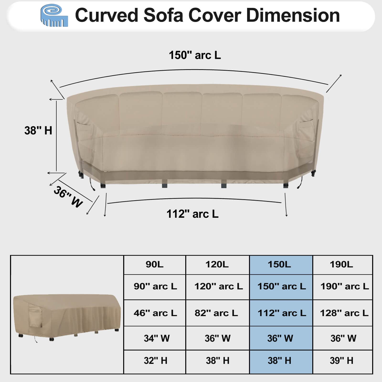 Outdoorlines Waterproof Curved Outdoor Sectional Cover - Uv Resistant Windproof Patio Sectional Sofa Covers For Deck, Lawn And Backyard, Heavy Duty Furniture Covers (150Lx36Dx38Hx112Fl, Camel)