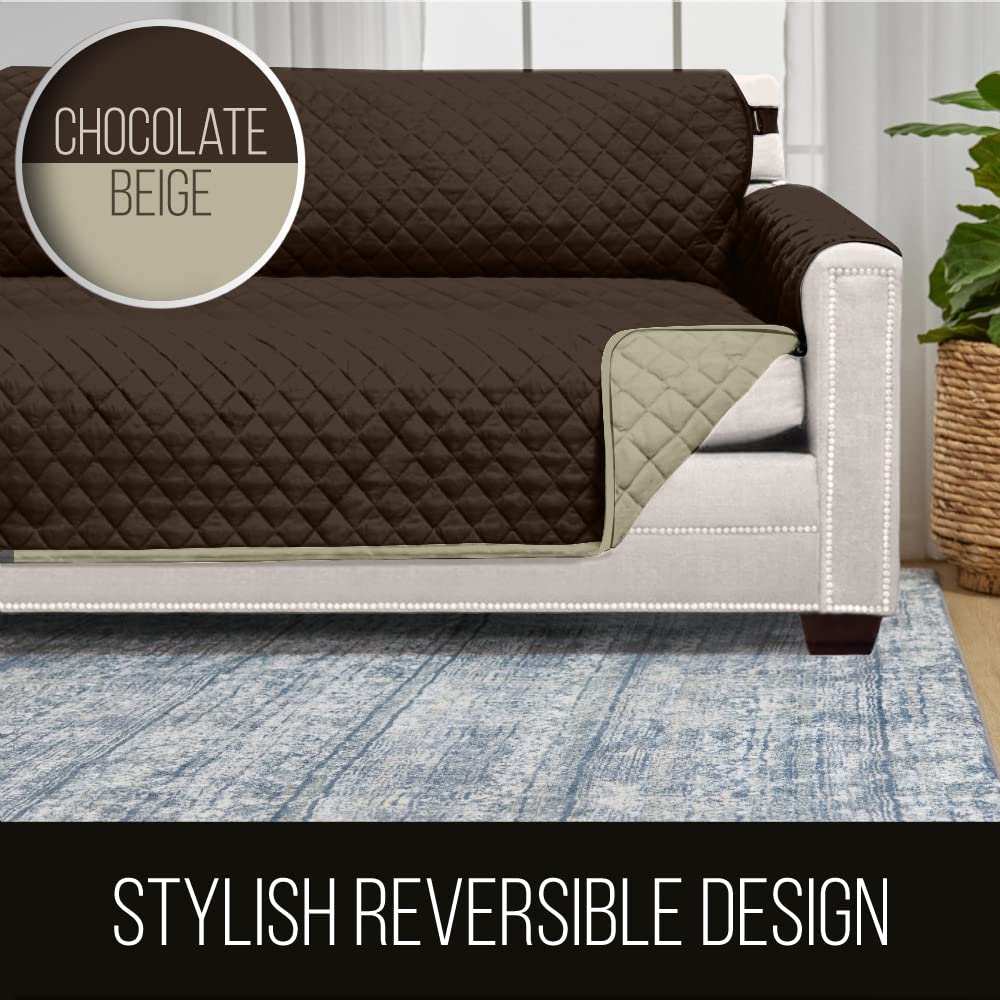 Sofa Shield Couch Slip Cover With Patented Strap, Cushion Protector, Reversible Stain And Dog Tear Resistant Slipcover, Quilted Microfiber 78” Seat, Washable Covers For Dogs Pets Kids, Chocolate Beige