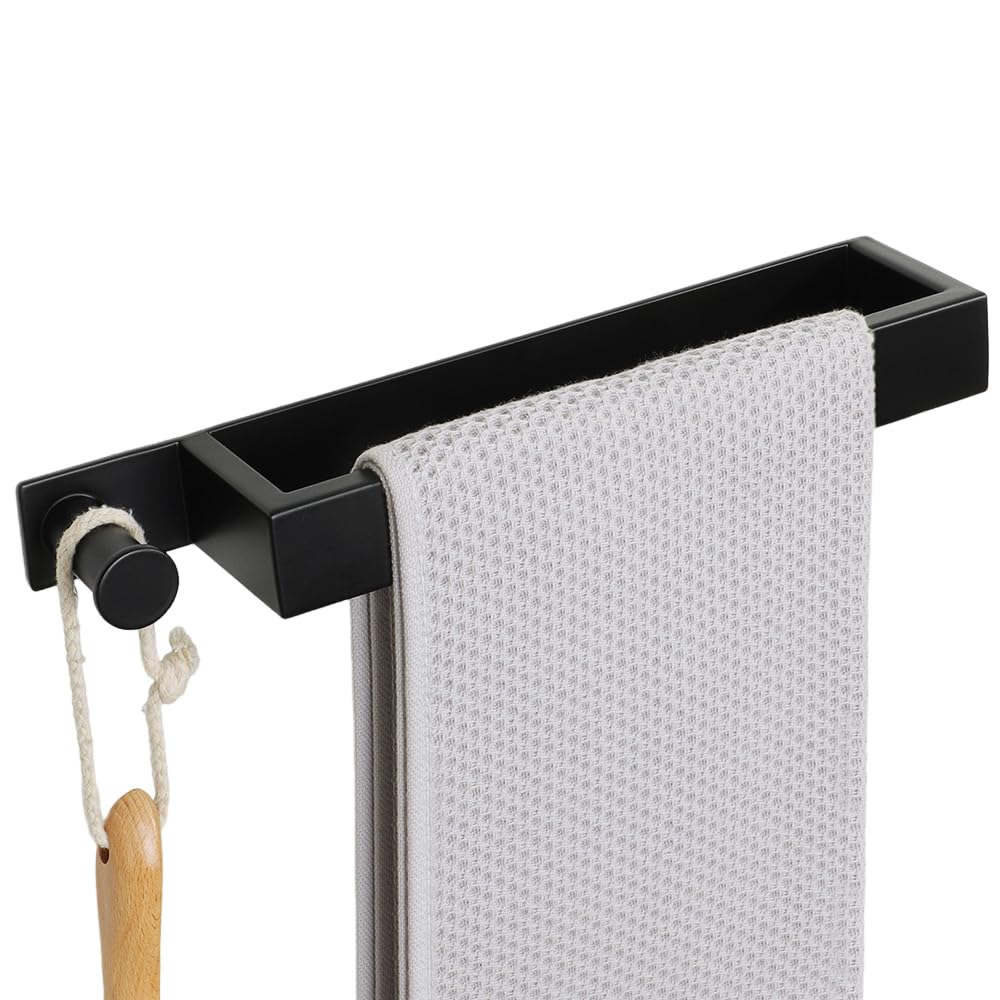 Sayayo Self Adhesive Towel Bar with Hook, 12 Inch Matte Black Towel Rack for Bathroom, Stick on Towel Holder Hand Towel Ring SUS