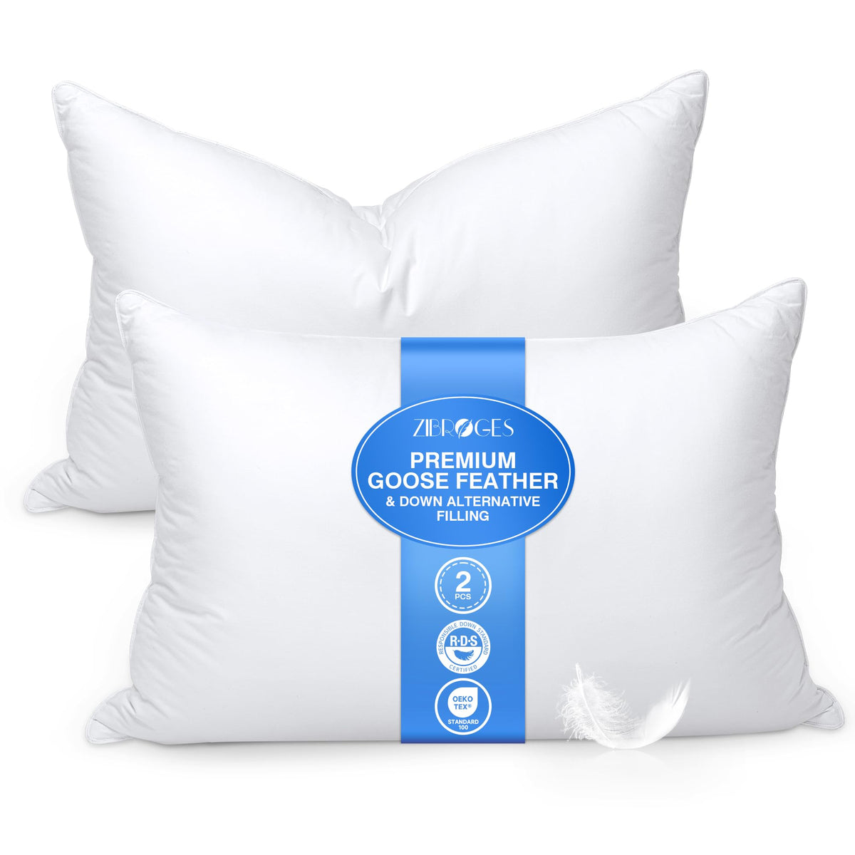 Zibroges Goose Feather Pillows Queen Size Set Of 2 - Hotel Down Bed Pillow For Sleeping, Soft 600 Thread Count Cotton Cover, Flu