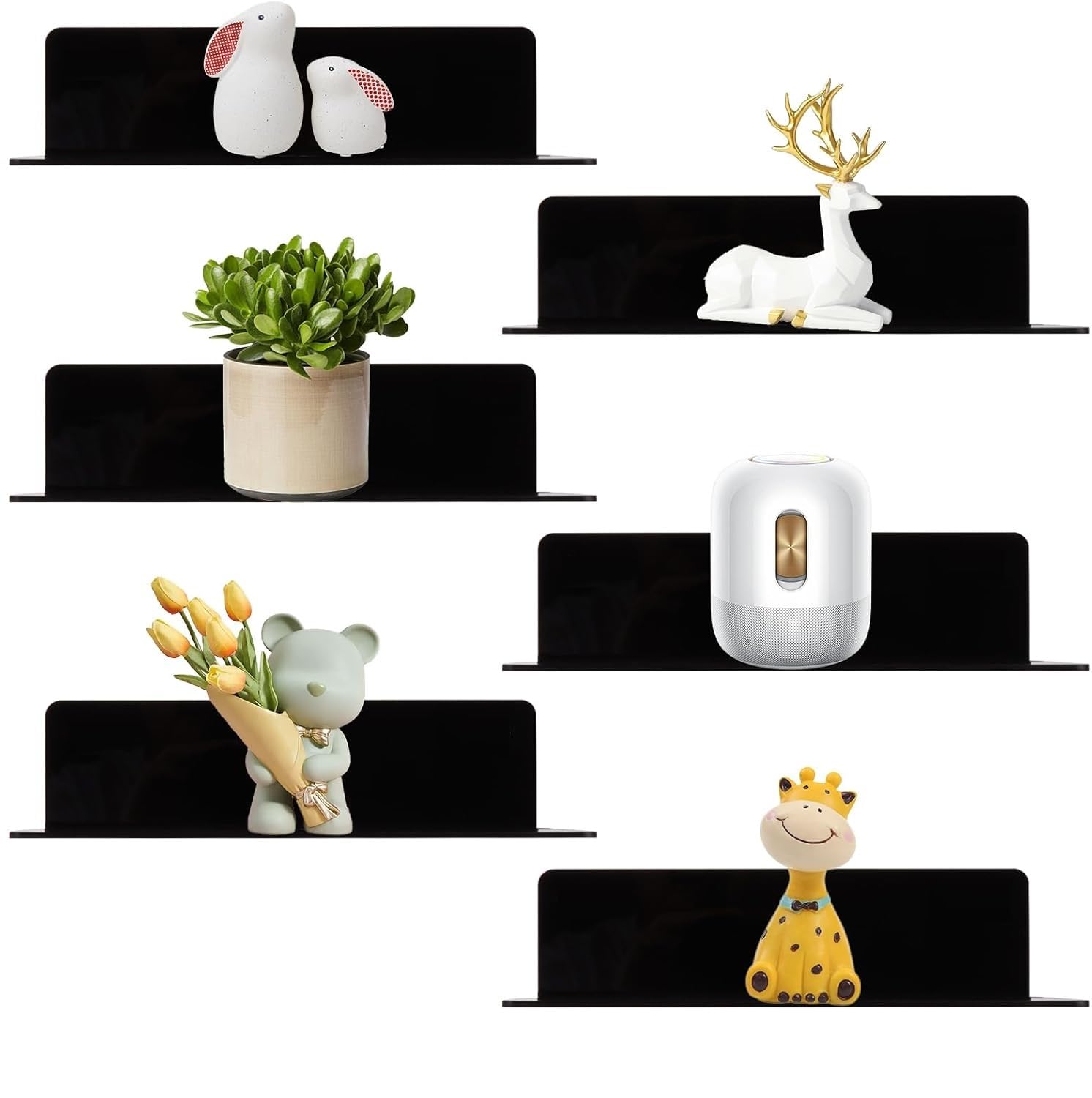 KEYOZA 9 Inch Acrylic Floating Shelf No Drill Adhesive Wall Shelf Set of 6 for Funko Pop Storage, Floating Shelves DamageFree E