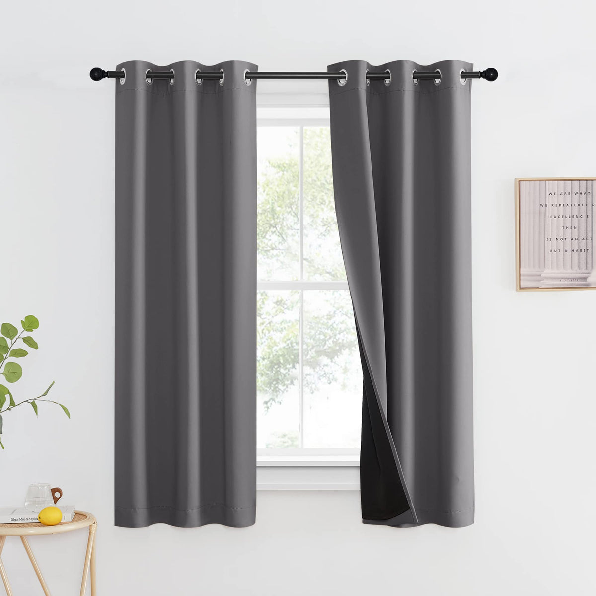 Nicetown 100% Blackout Short Curtain With Black Liner, Thermal Insulated Full Blackout 2-Layer Lined Drape, Energy Efficiency Wi