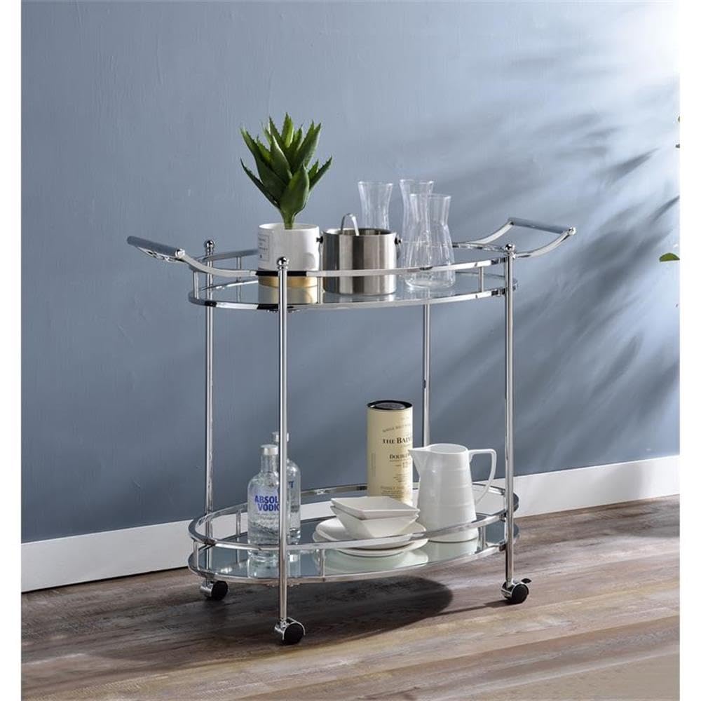 Acme Jinx 2 Glass Tier Shelves Serving Cart With Wheels In Clear And Chrome