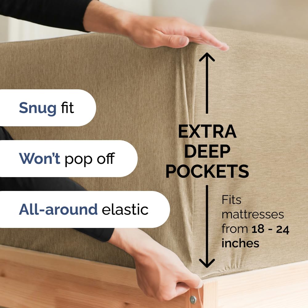 Extra Deep Pocket King Sheets - 4 Piece Breathable & Cooling Bed Sheets - Hotel Luxury Bed Sheet Set - Soft, Wrinkle Free & Comfy - Easily Fits Extra Deep Mattresses - Deep Pocket Heathered Tan Sheets