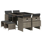 vidaXL - 9 Piece Patio Dining Set with Cushions - Gray Poly Rattan Furniture with Glass Tabletop, Chairs & Stools