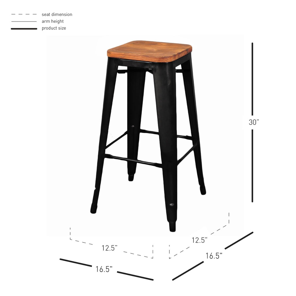 New Pacific Direct Metropolis Metal Backless Bar Stool 30" Wood Seat,Indoor/Outdoor Ready,Black,Set of 4