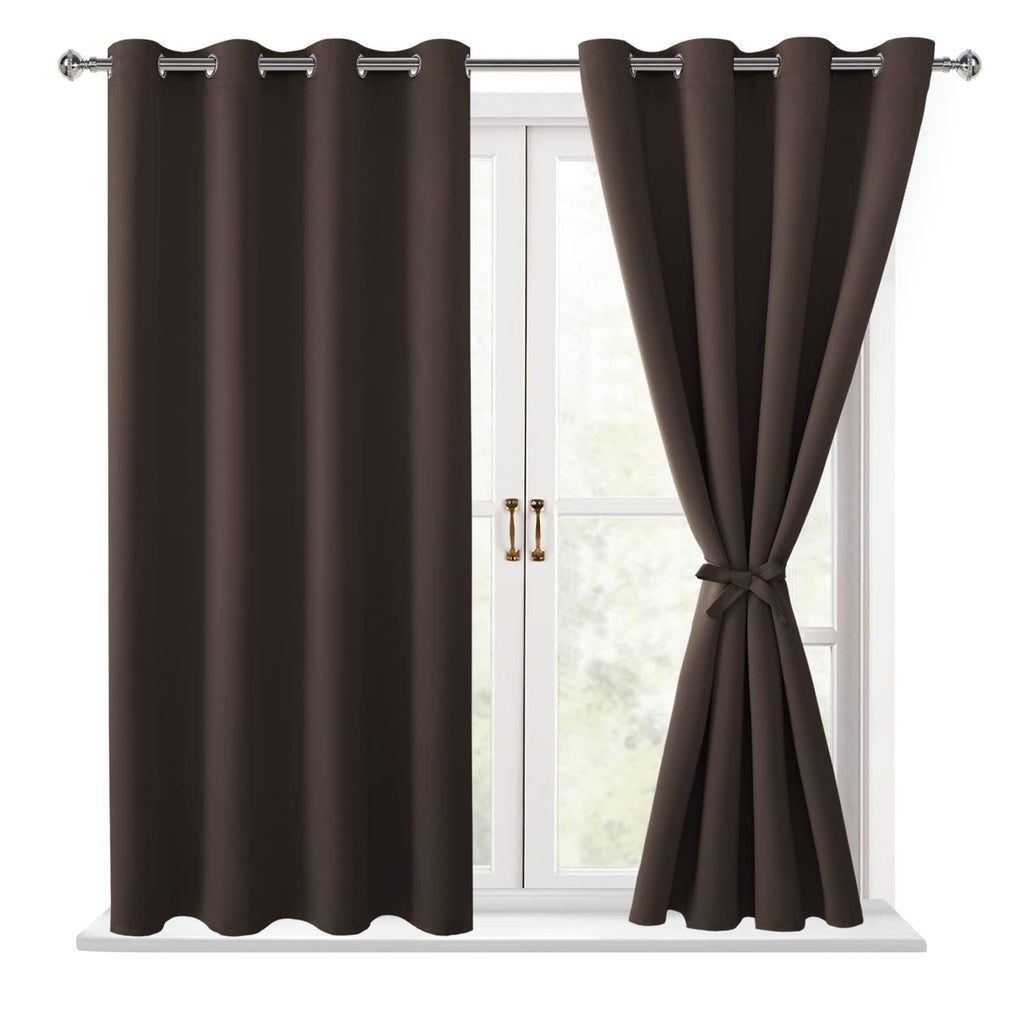 Hiasan Blackout Curtains For Bedroom, 52 X 54 Inches Long - Thermal Insulated & Light Blocking Window Curtains For Living Room, 2 Drape Panels Sewn With Tiebacks, Brown