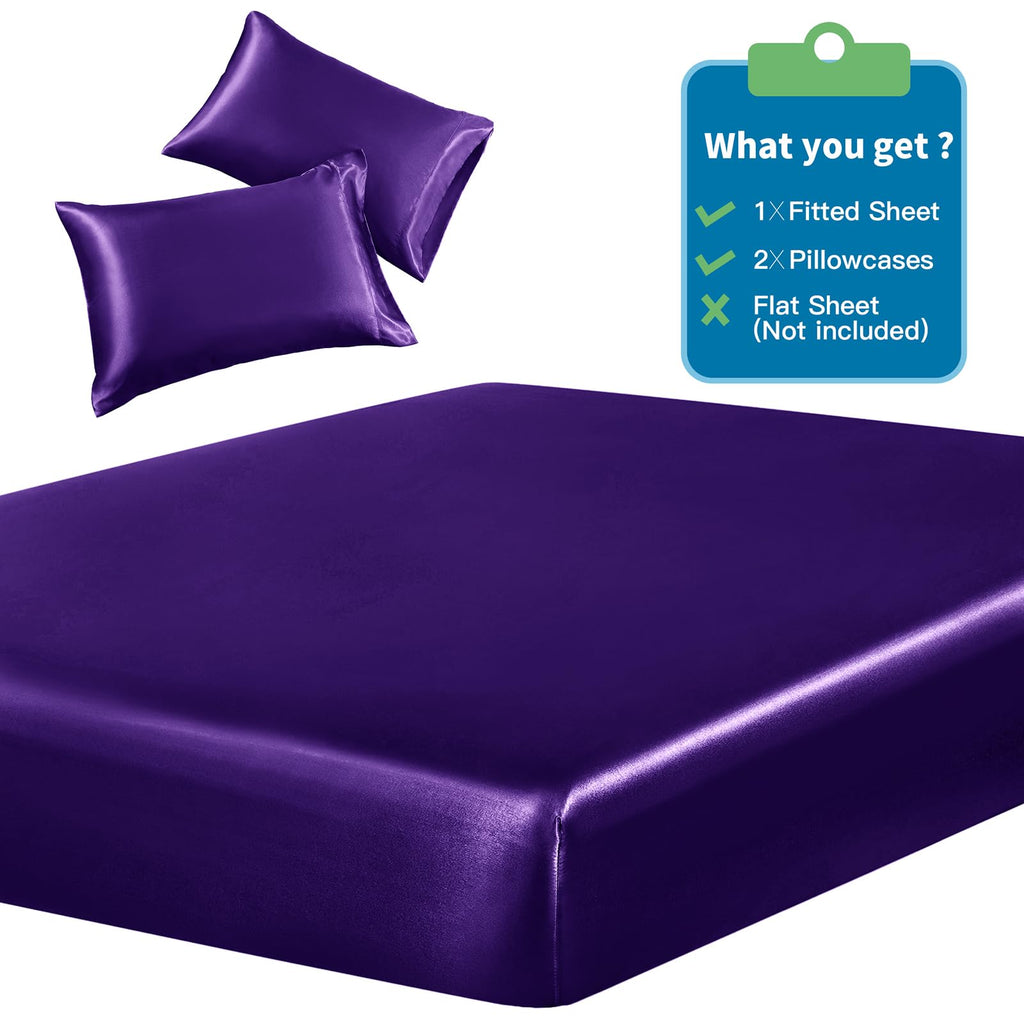 Siinvdabzx 3-Piece Set Satin Full Fitted Sheet & 2 Pillowcase, Purple Silky Soft Fitted Bottom Sheet, Wrinkle Free, Fade Resista