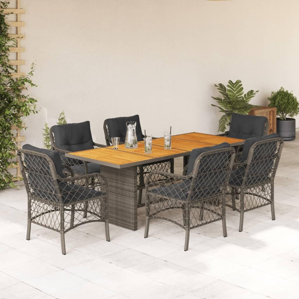 vidaXL 7-Piece Patio Dining Set with Cushions - Durable PE Rattan & Acacia Wood - Comfortable Outdoor Furniture for Garden, Backyard, Deck, or Patio - Gray