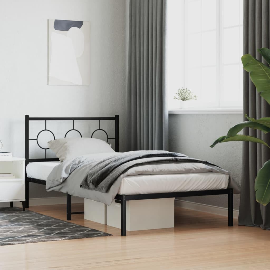 vidaXL Metal Single Bed Frame with Headboard - Black, Powder-Coated Steel, Space-Saving Platform Bed for Bedroom, Breathable Slats, Easy Assembly, 81.5"x41.3"x35.8"