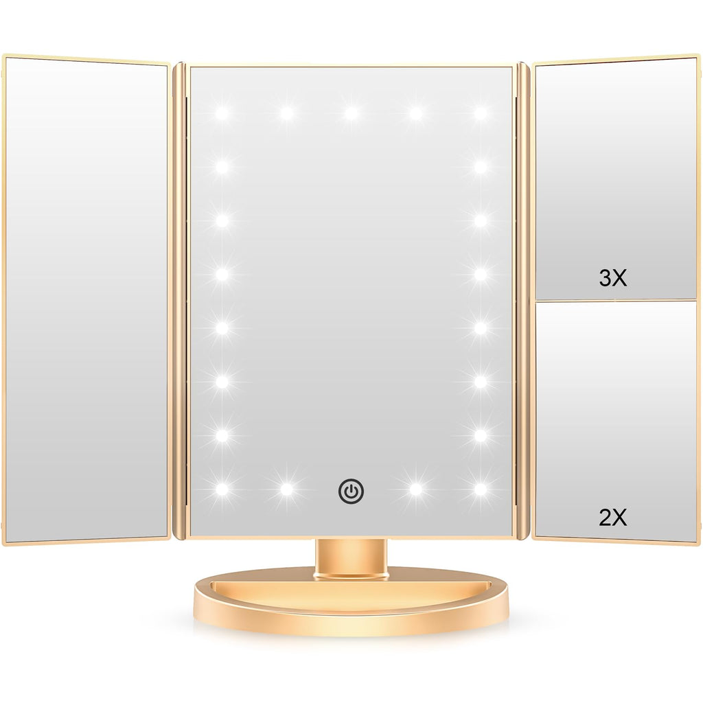 Weily Lighted Vanity Makeup Mirror 1X/2X/3X Magnification Trifold With 36 Led Lights Touch Screen And Usb Charging, 180 Degree Adjustable Stand For Countertop Cosmetic Makeup Mirror(Gold)