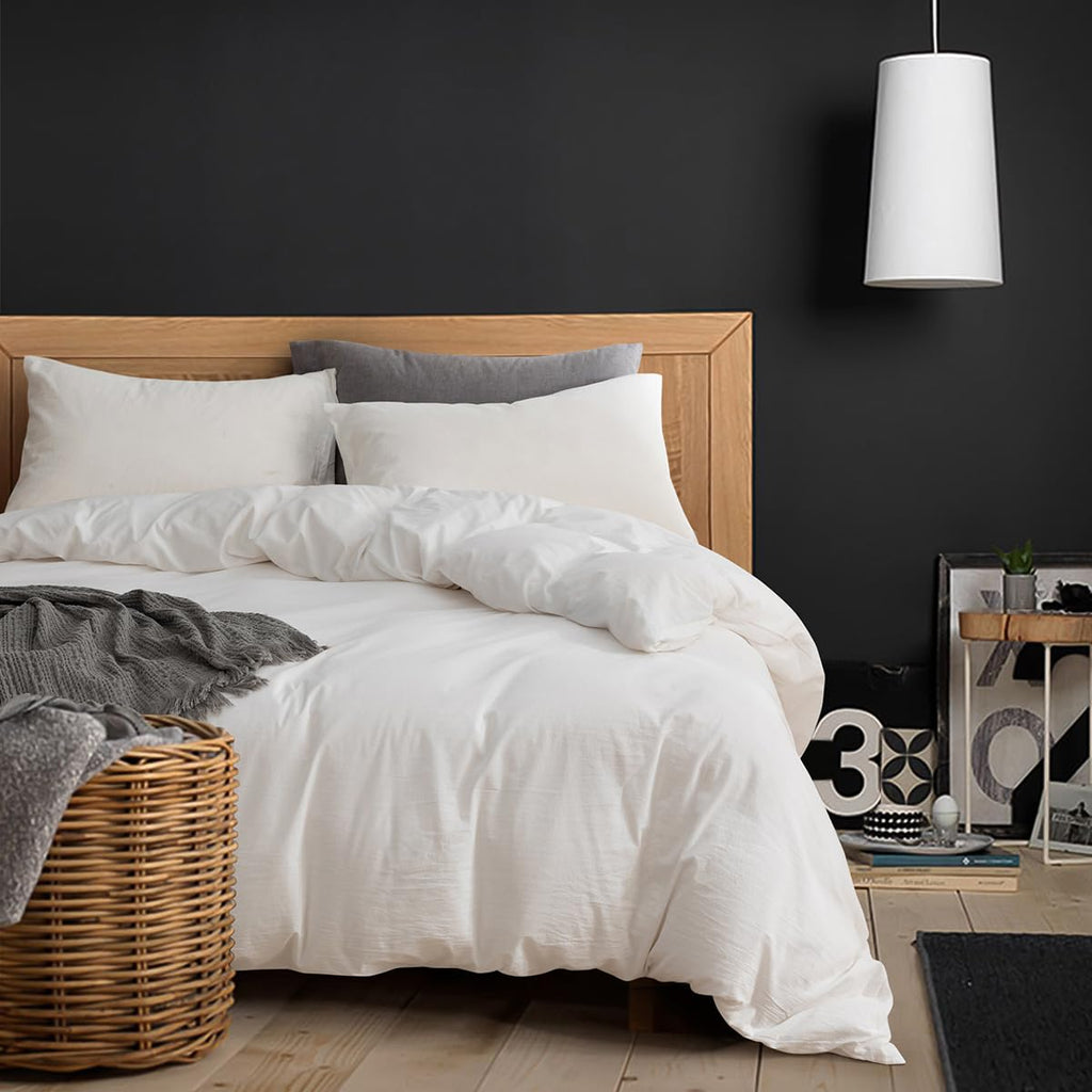 Ecocott White Duvet Cover Full Size, 100% Washed Cotton 1 Duvet Cover With Zipper And 2 Pillowcases, Ultra Soft And Easy Care Br