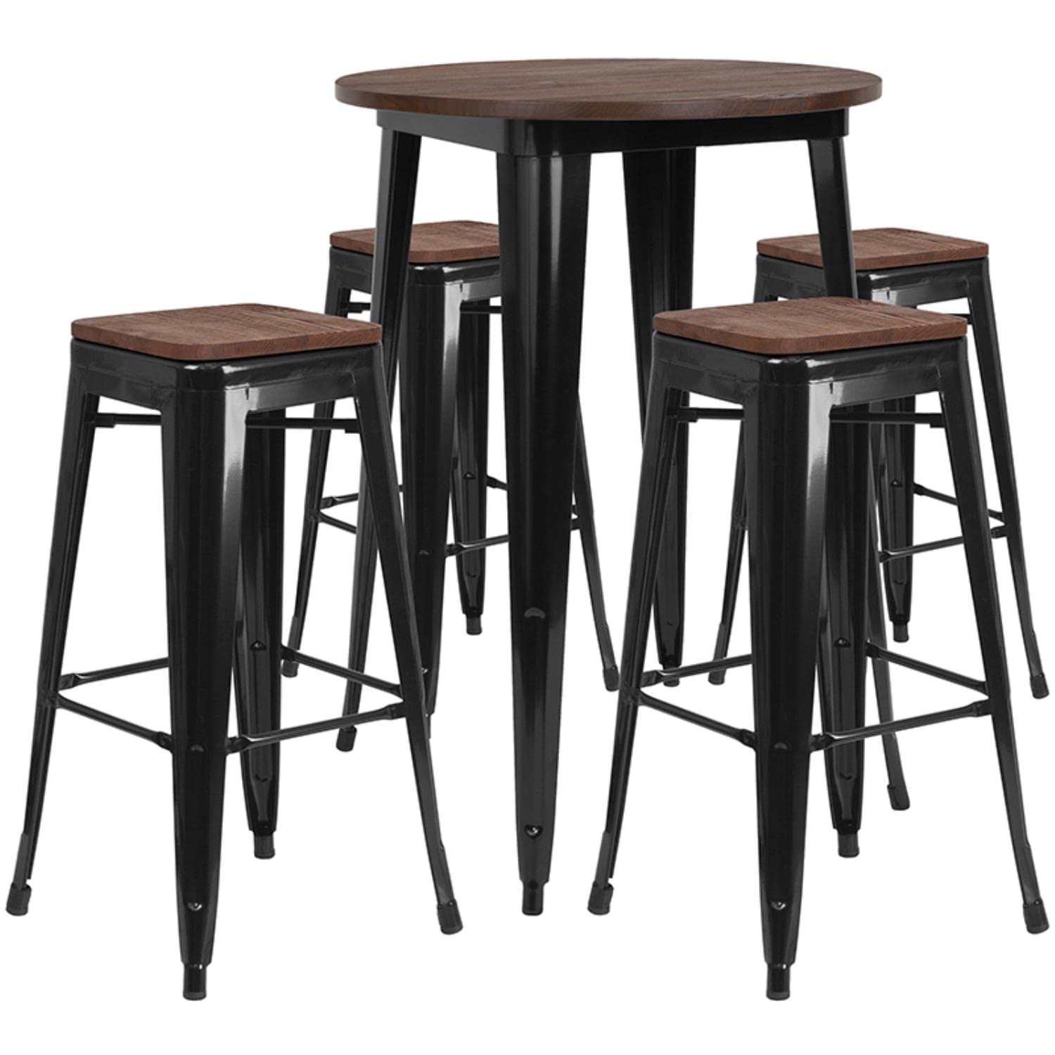 Flash Furniture 30&quot; Round Metal Bar Table Set With Wood Top And 4 Backless Stools, Black