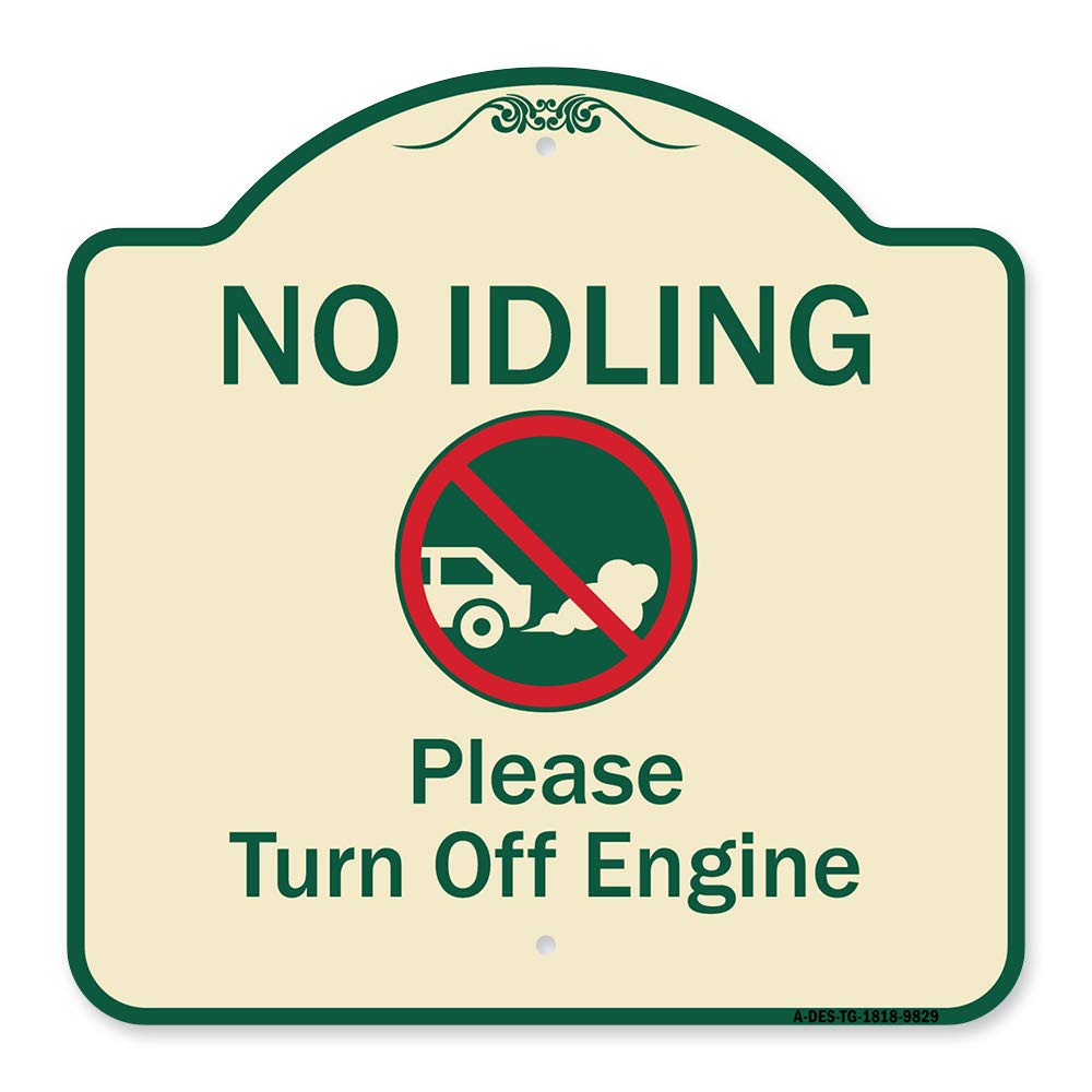Signmission Designer Series Sign - No Idling, Please Turn Off Engine With Graphic | Tan & Green 18' X 18' Heavy-Gauge Aluminum