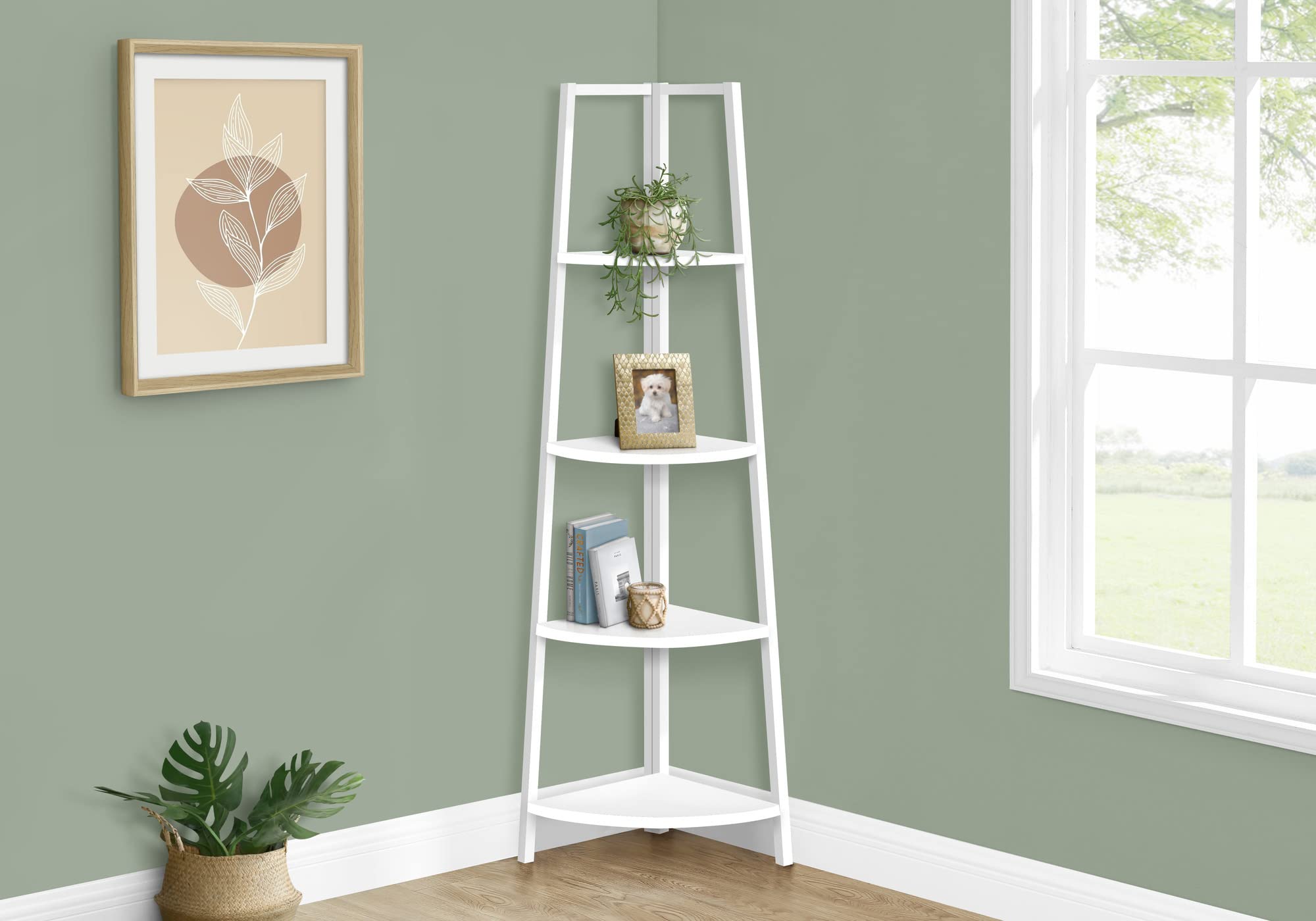 Monarch Specialties I 3665 Bookshelf, Bookcase, Etagere, Corner, 4 Tier, 60' H, Office, Bedroom, Metal, Laminate, White, Contemporary, Modern