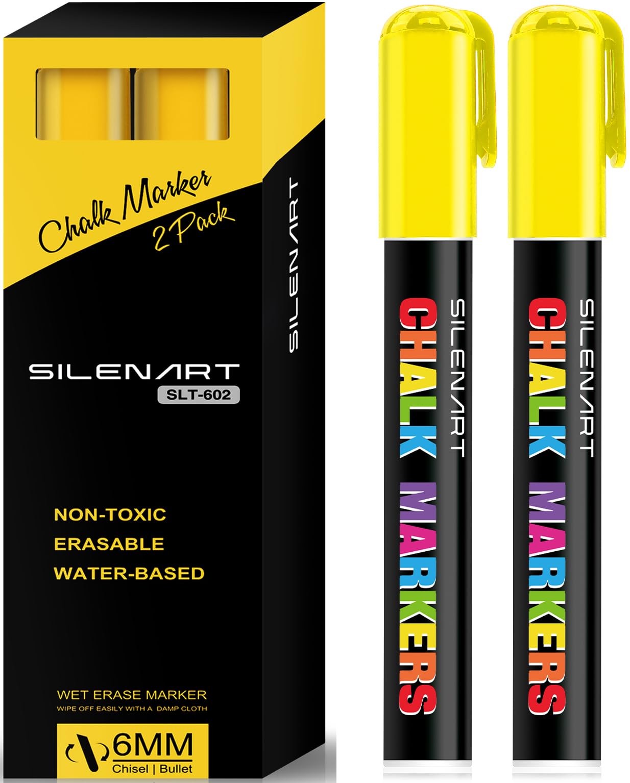 Silenart Yellow Chalk Markers 2 Pack - Yellow Dry Erase Markers Pen - Liquid Chalk Markers For Chalkboard, Window, Glass, Mirror