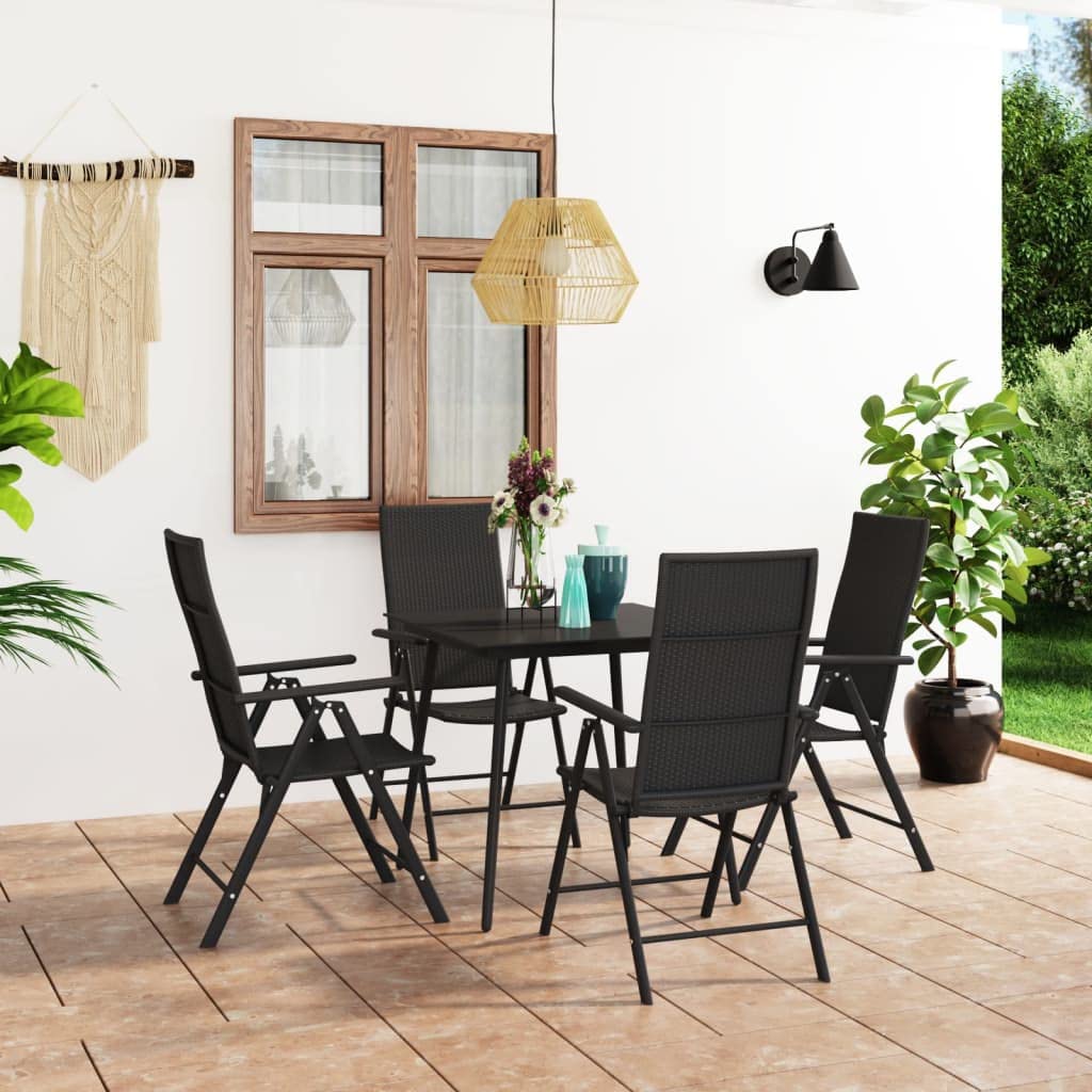 vidaXL 5-Piece Black Patio Dining Set - Outdoor Garden Furniture with PE Rattan Chairs & Glass Top Table - Easy Assembly and Weather-Resistant