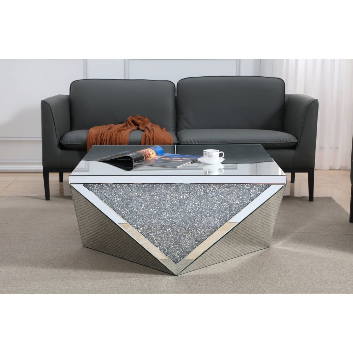 Elegant Decor Modern 38&quot; Square Polygonal Silver Crystal Mirrored Coffee Table