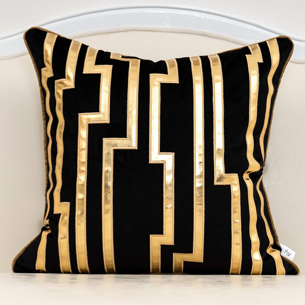 Alerfa 20 X 20 Inches Black Geometric Gold Leather Striped Cushion Cases Luxury European Throw Pillow Covers Decorative Pillows