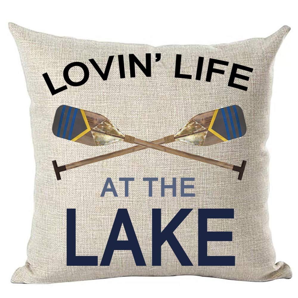 Ramirar Black Blue Word Art Quote Loving Life At The Lake Wooden Paddle Oar Summer Decorative Throw Pillow Cover Case Home Livin