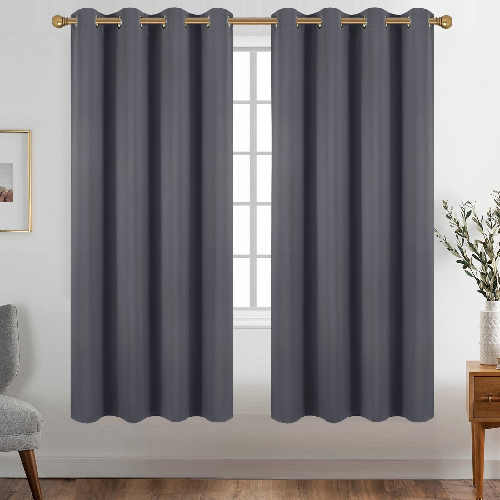 Diraysid Dark Grey Grommet Blackout Curtains For Bedroom Thermal Insulated Room Darkening Curtains Drapes, 52 X 72 Inch, 2 Panel