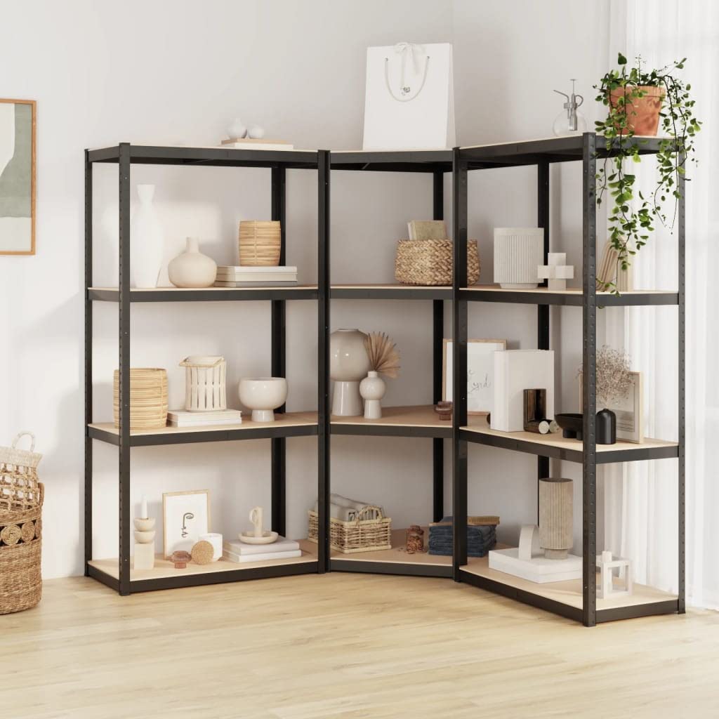 Vidaxl 3X 4-Layer Shelves Industrial Shelving Workshop Storage Rack Warehouse Corner Shelf Unit Anthracite Steel And Engineered Wood