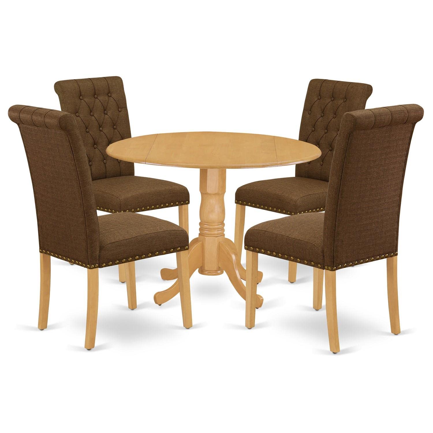 East West Furniture Dlbr5-Oak-18 5 Piece Dining Room Table Set Includes A Round Dining Table With Dropleaf And 4 Brown Linen Linen Fabric Upholstered Parson Chairs, 42X42 Inch, Oak