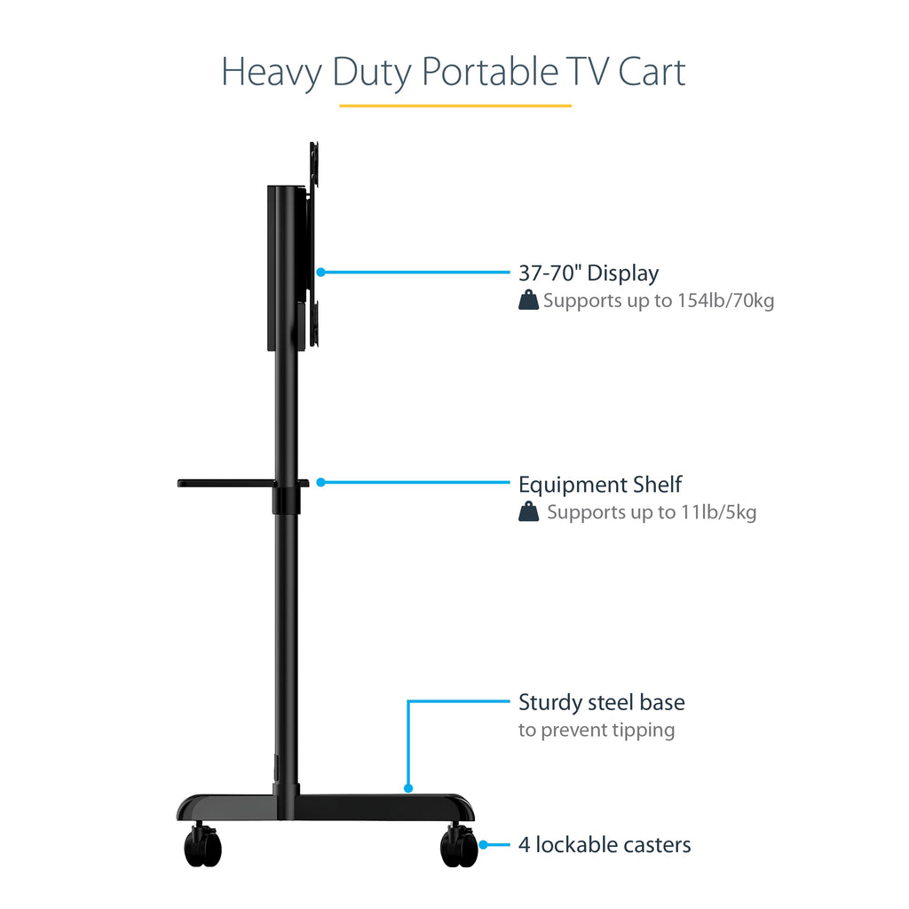 StarTech.com Mobile TV Cart - Portable Rolling TV Stand for 37-70" VESA Display (154lb/70kg) - TV Stand w/Shelf & Storage Compartment - Rotate/Tilt Display - Universal TV Mount on Wheels (MBLTVSTNDEC)