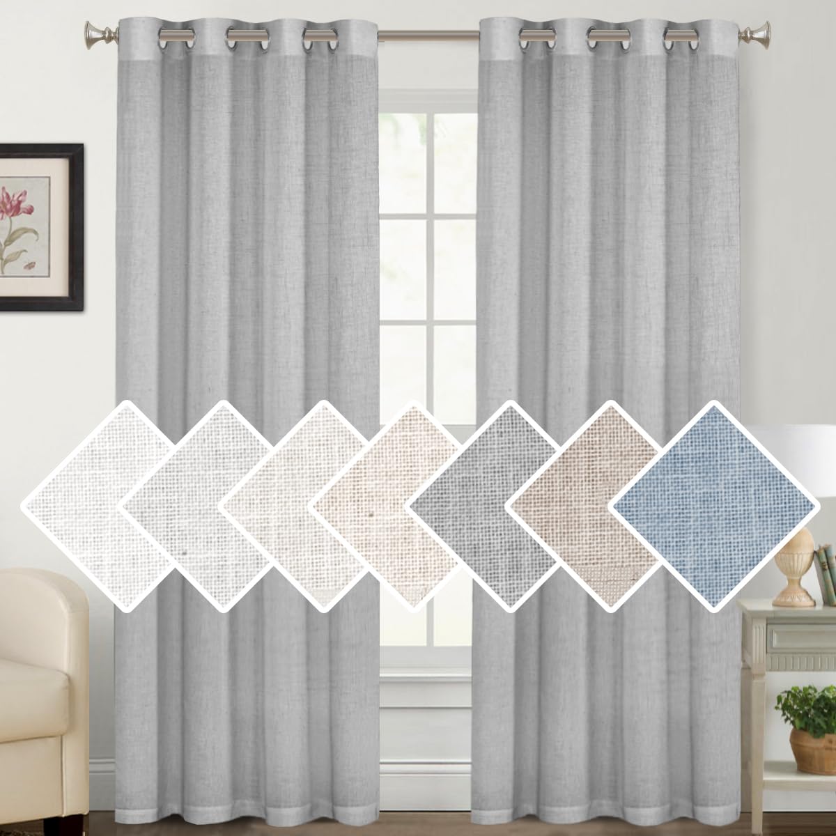 Natural Linen Blended Curtains Window Treatments Panels for Living Room Grommet Top Light Filtering Drapes Privacy Added Linen T