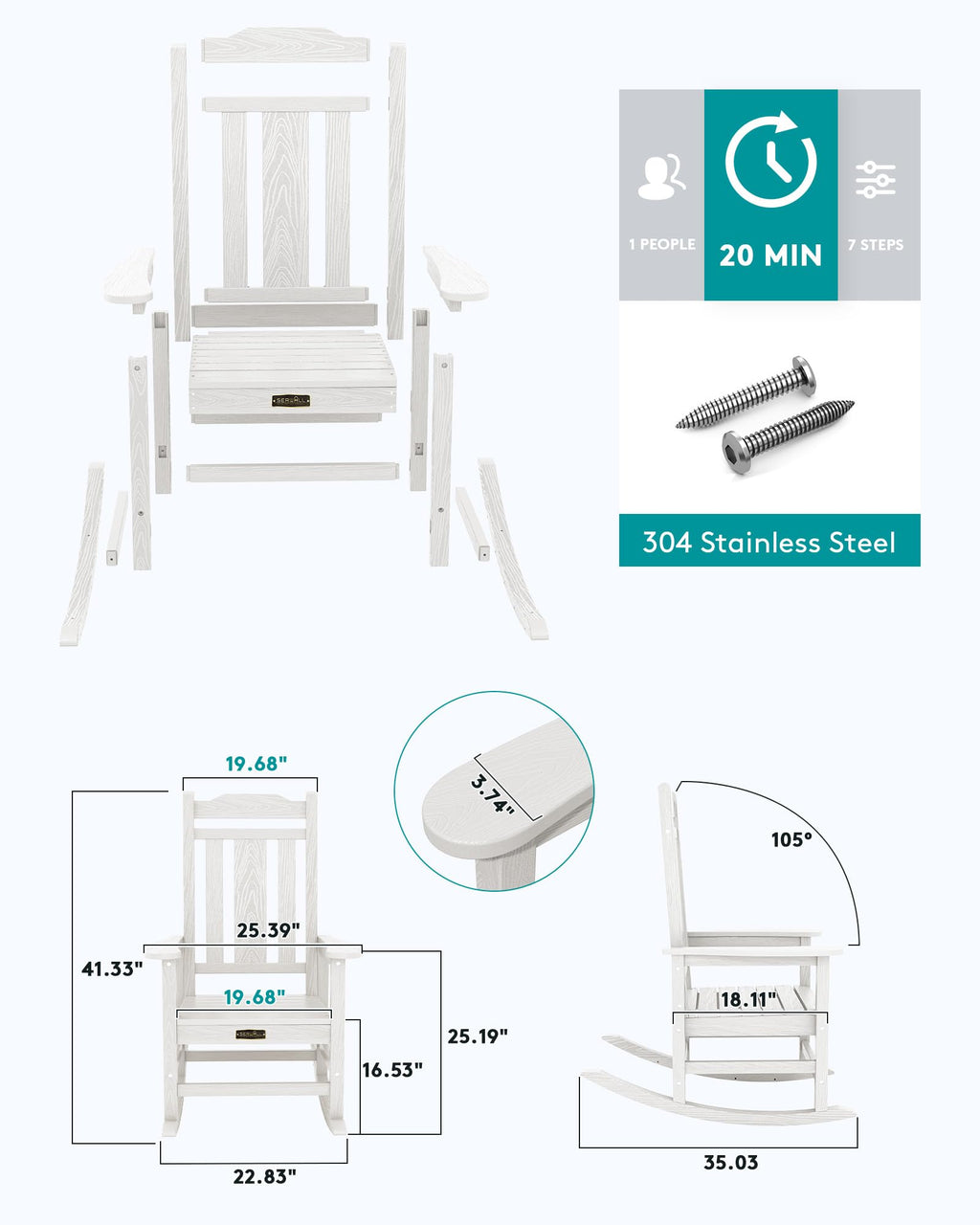 Serwall Outdoor Rocking Chair White Set Of 6, All Weather Patio Rocking Chair, Hdpe Poly Rocking Chair For Adults, Heavy Duty Front Porch Rocker