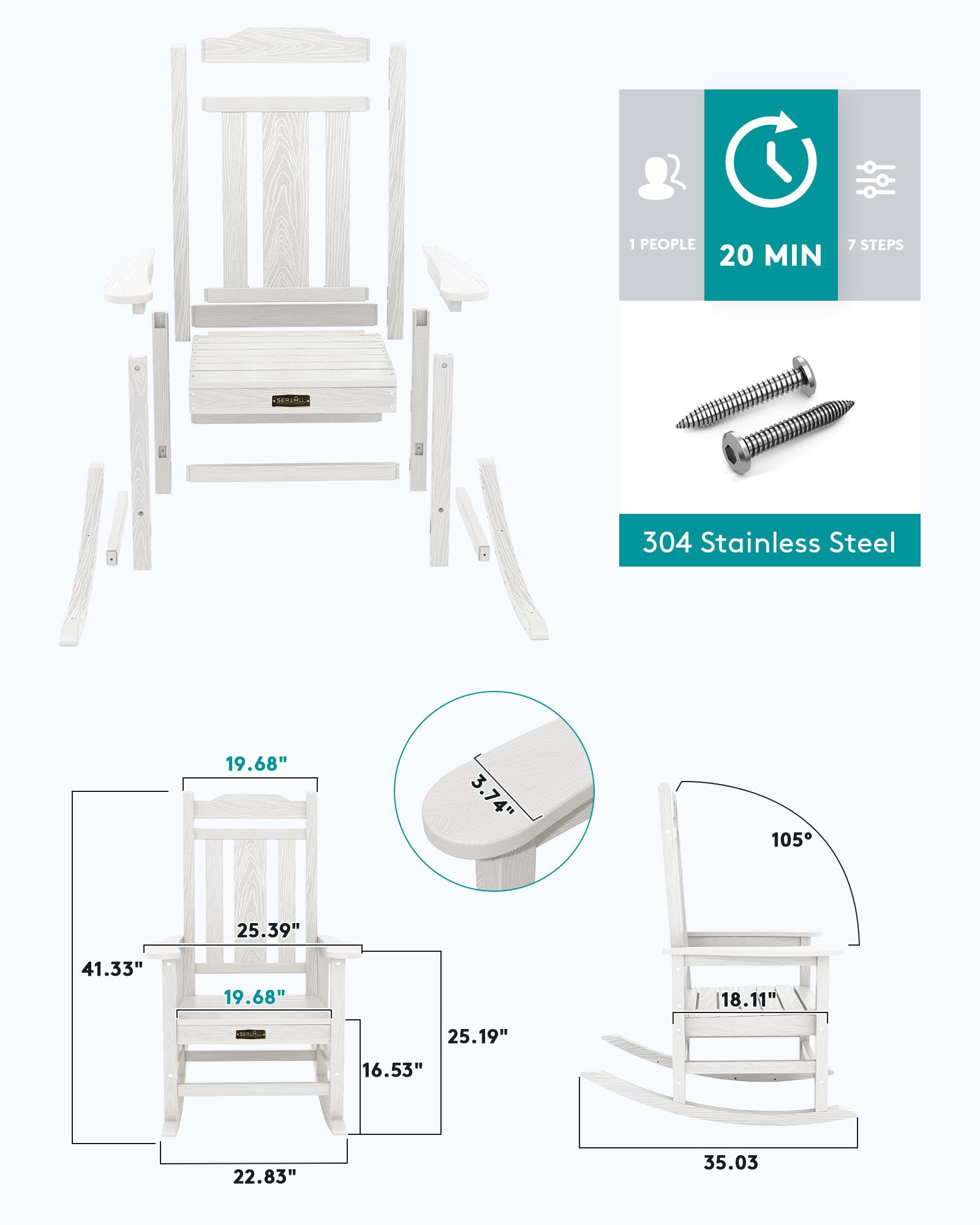 Serwall Outdoor Rocking Chair White Set Of 6, All Weather Patio Rocking Chair, Hdpe Poly Rocking Chair For Adults, Heavy Duty Front Porch Rocker