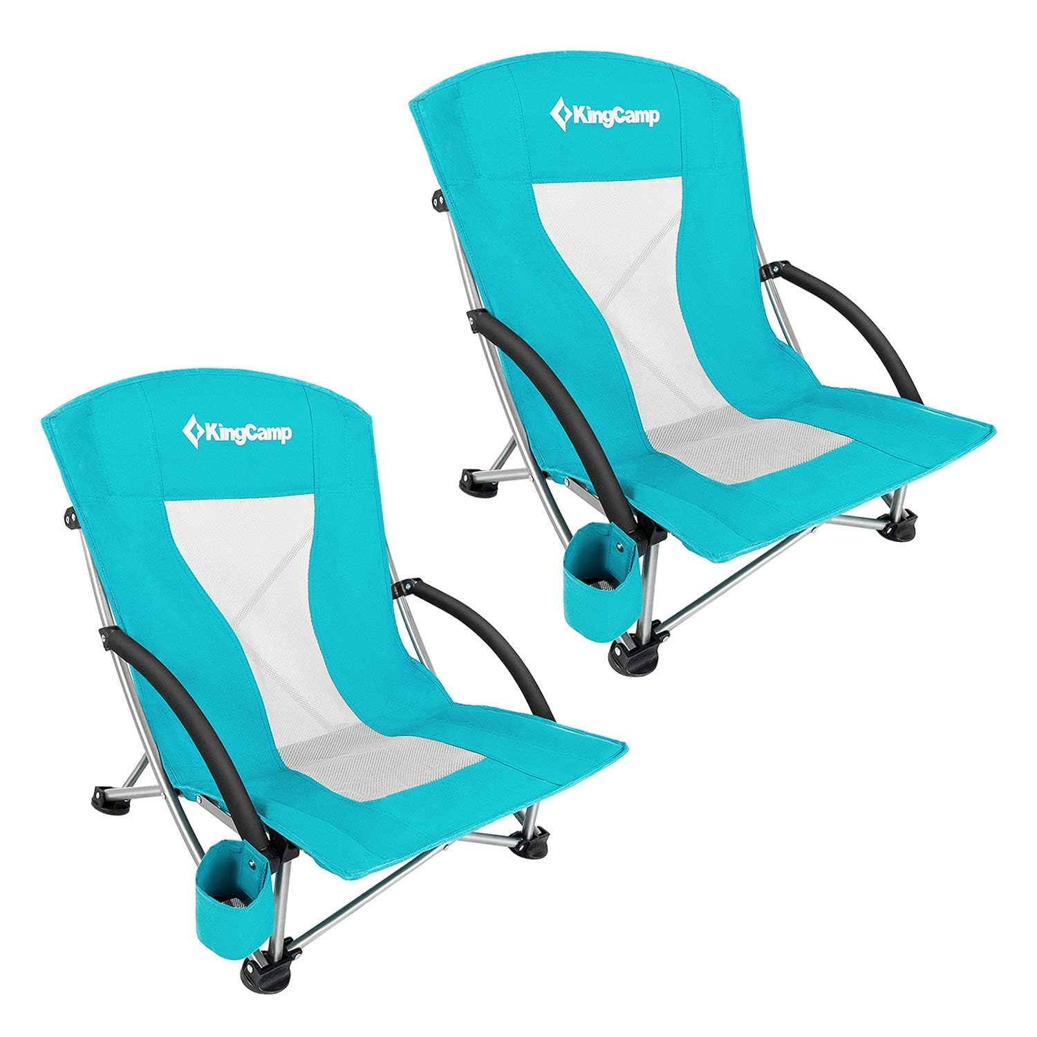 Kingcamp Double Small Folding Portable Lightweight Low Sitting Sand Chair Beach Chairs For Adult With Cup Holder, Carry Bag Padded Armrest For Outdoor Beach Concert Traveling Festival Bbq