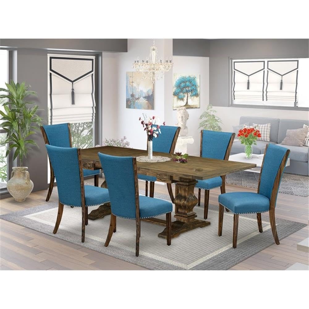 East West Furniture Lave7-77-21 7 Piece Dining Set Consist Of A Rectangle Dining Room Table With Removable Leaf And 6 Blue Color Linen Fabric Upholstered Chairs, 42X92 Inch, Jacobean