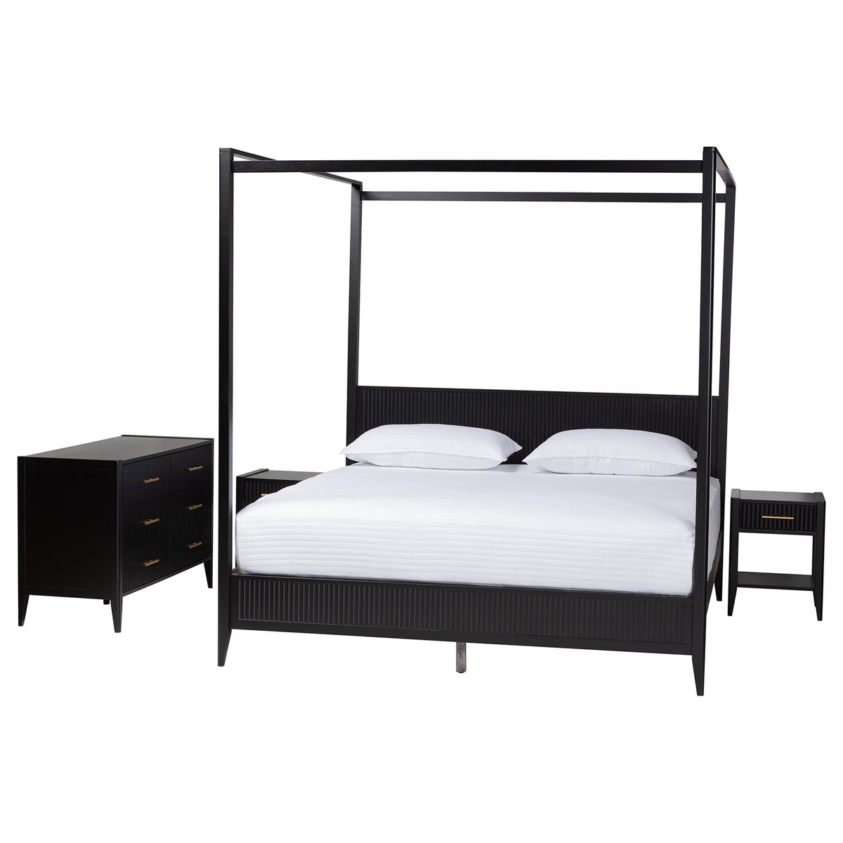 Baxton Studio Primrose Mid-Century Black Fluted Wood King Size 4-Piece Canopy Bedroom Set