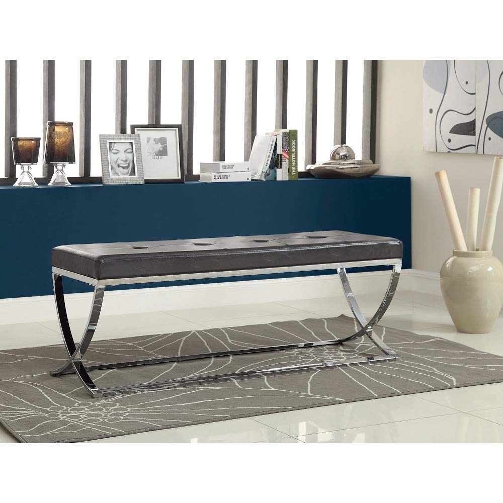 Benzara Leatherette Upholstered Bench with Chrome Finish, Black and Silver