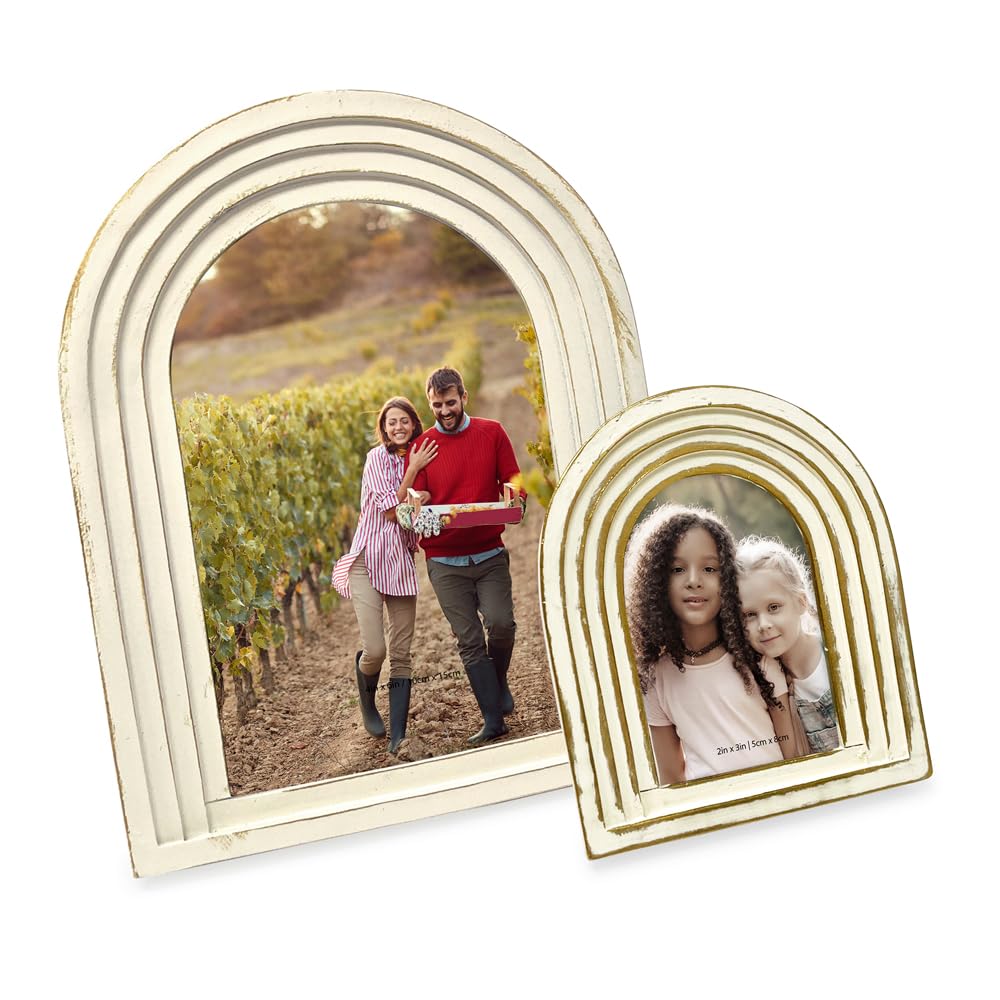 Isaac Jacobs 4X6 Vertical White With Gold, Arc Resin Picture Frame With Gradient Design, Decorative Photo Frame, Tabletop & Wall