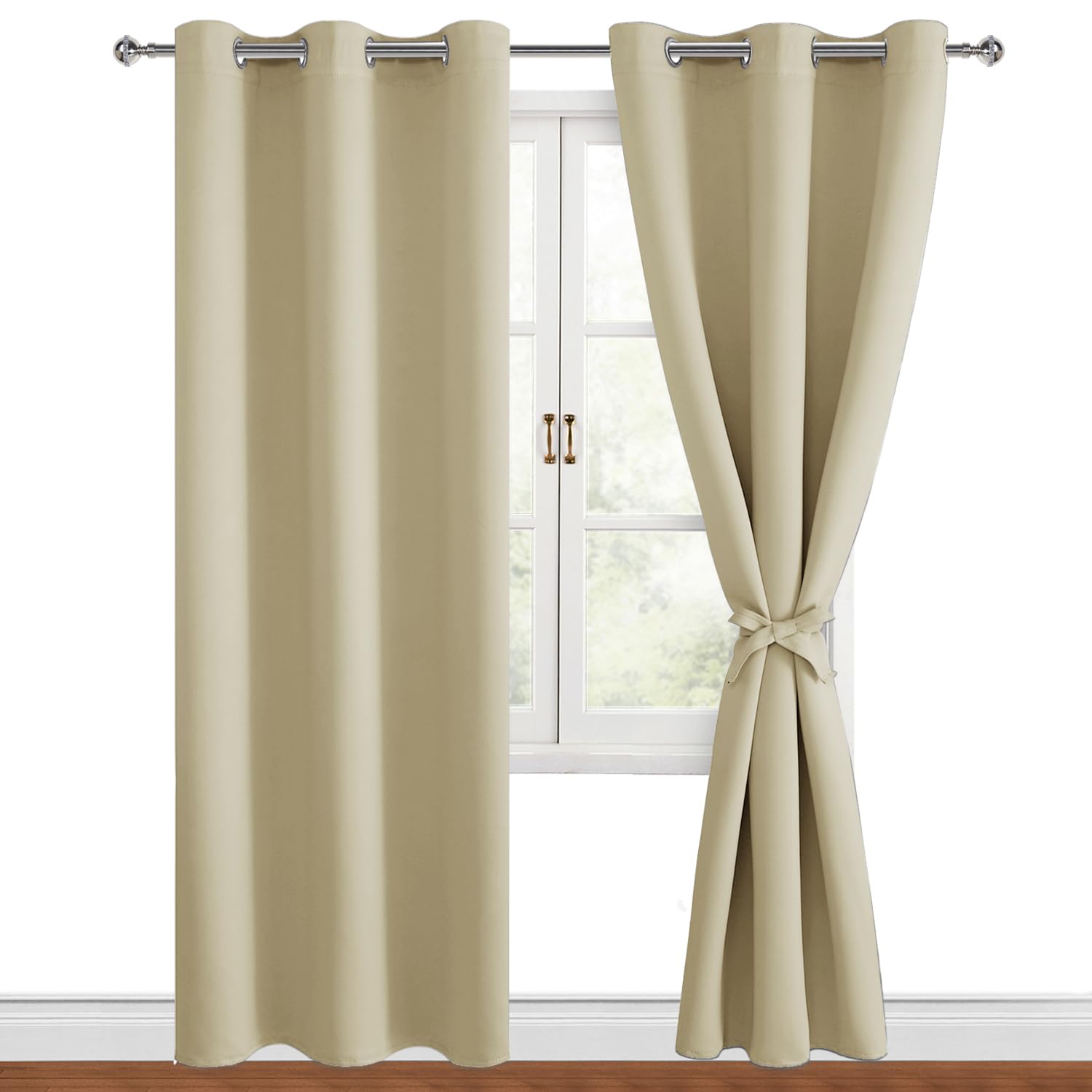 Hiasan Blackout Curtains For Bedroom, 42 X 84 Inches Long - Thermal Insulated & Light Blocking Window Curtains For Living Room, 2 Drape Panels Sewn With Tiebacks, Light Beige