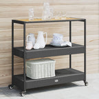 vidaXL Bar Cart 3-Tier Trolley - Black Poly Rattan & Solid Acacia Wood - Indoor/Outdoor Serving Cart with Shelves & Casters - 39.8"x15.7"x39.4"